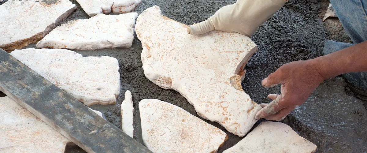 A landscaper installing flagstones in concrete