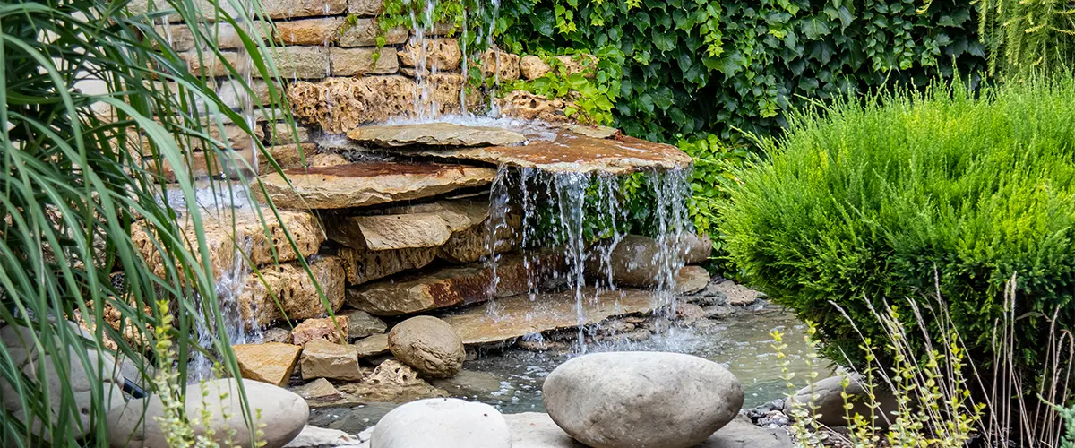 A garden with rocks and a fountain