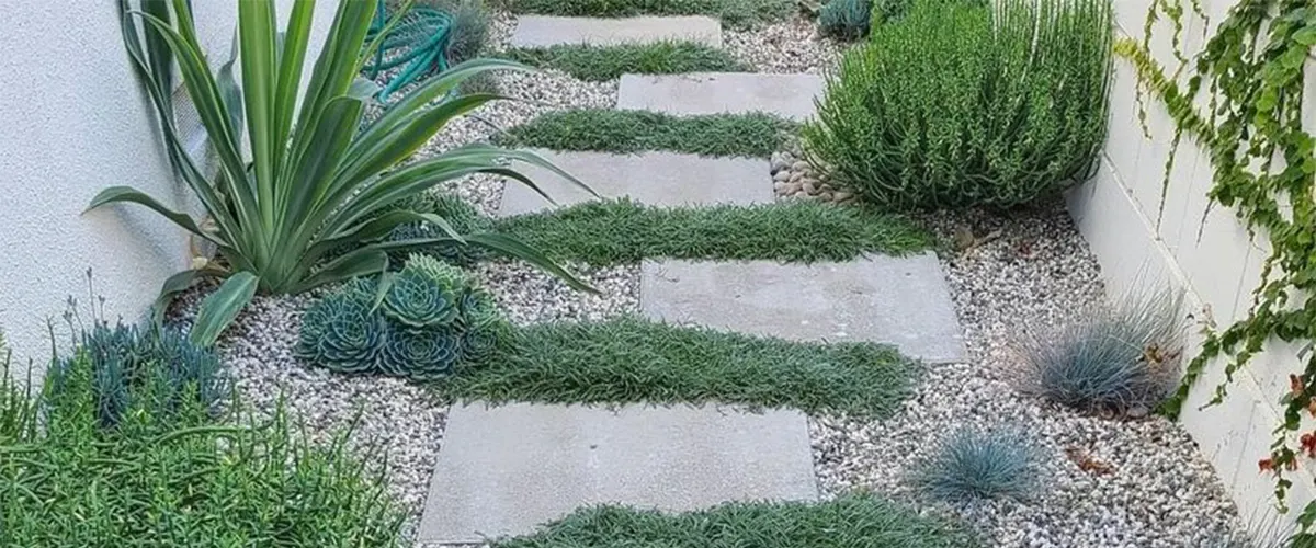 Lush green path with concrete slabs