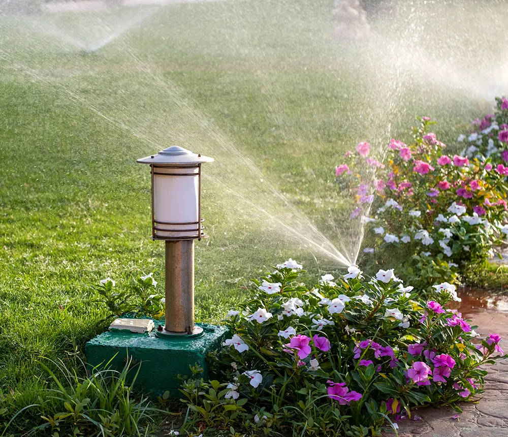 Closeup of a sprinkler in a garden filled with flowers and green lawn