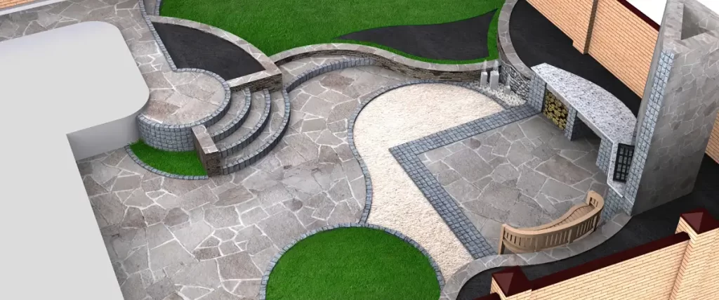 a 3D rendering of a landscaped backyard design.