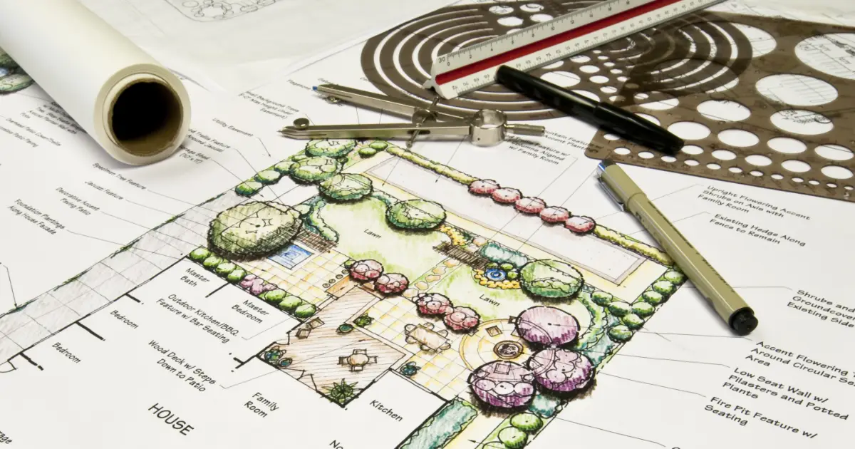 a landscape design plan in progress, along with various drafting tools