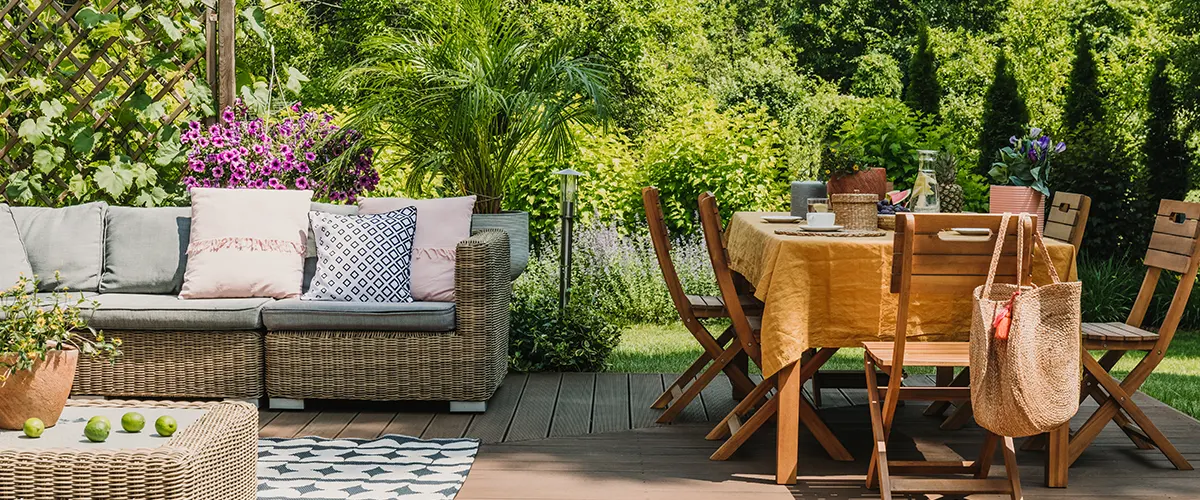 cozy outdoor space with table and sofa