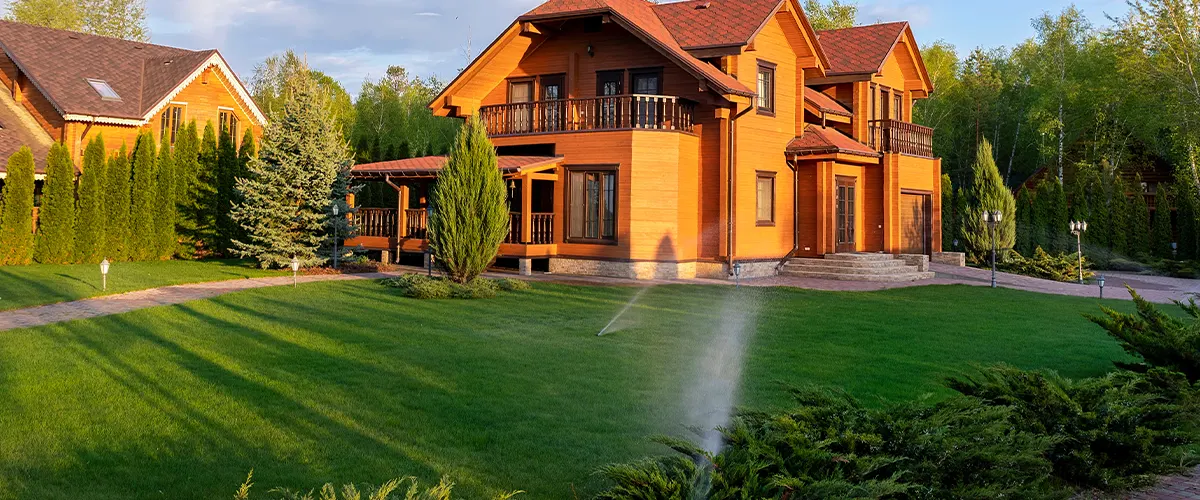 house with big lawn and sprinklers