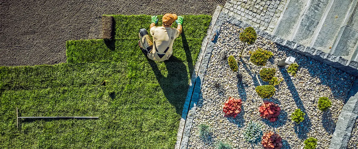 Landscaper Installing Lawn Birds Eye View Photo