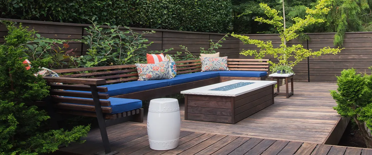 Built-in benches on a wooden deck