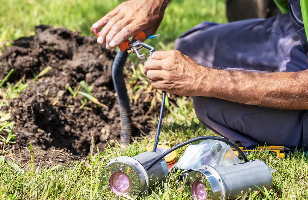 Man Installing Landscape Lighting in Colorado