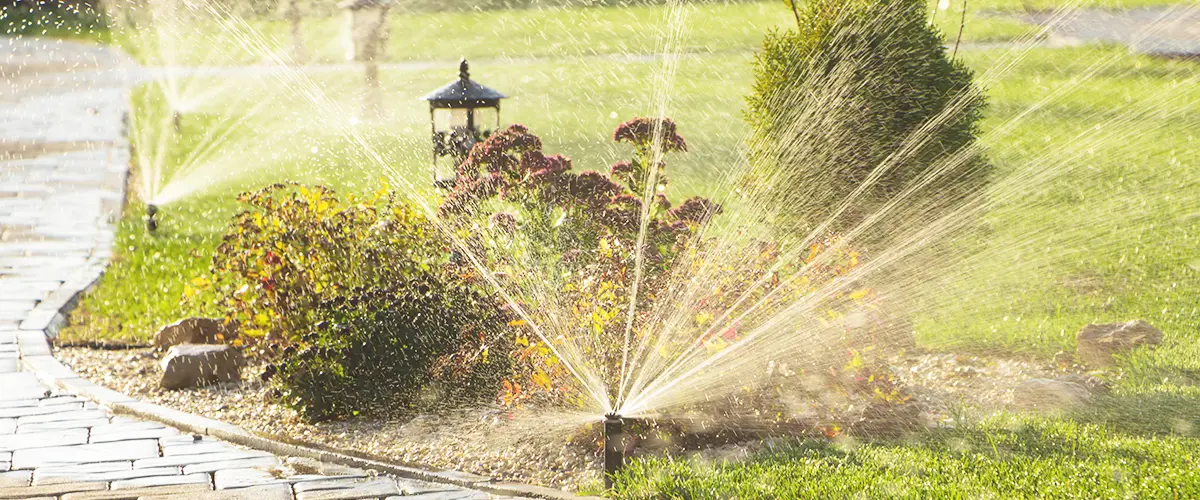 Rotating Sprinkler System Near Pavers Lawn Bursting Water