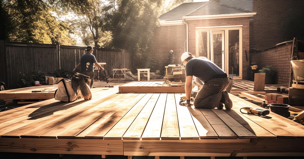 Builders focused on constructing a wooden deck for a Centennial property