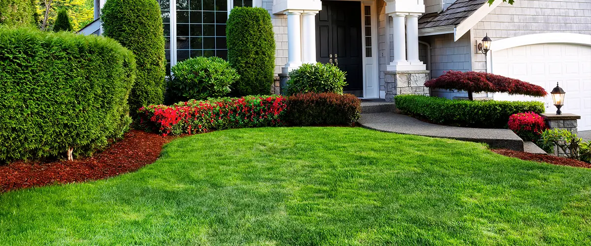 Beautiful home exterior in evening with healthy green lawn and flowerbeds