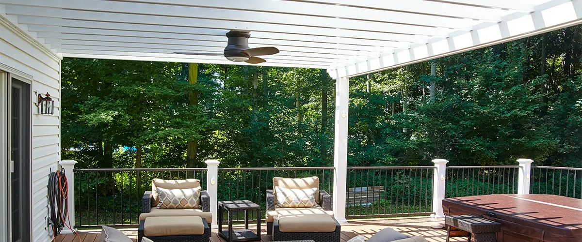 Sunny Outdoor Deck with Pergola and Hot Tub, Suburban Retreat View