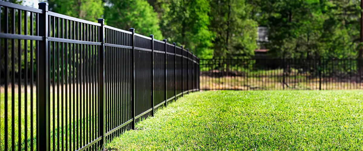 A long, black metal fence with vertical bars installed along a grassy yard, bordered by a lush, green, tree-filled background.