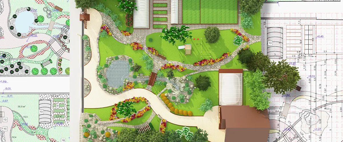 Detailed landscape design plan overlaid on architectural blueprints for a residential property