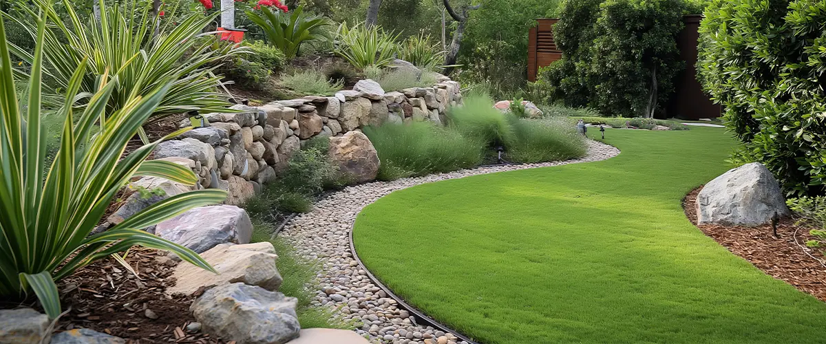 Beautifully landscaped garden with winding pathway, lush greenery, and stone wall accents, showcasing professional landscape architect services in Centennial