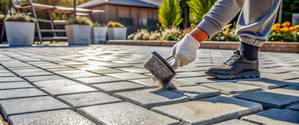 Worker applying sand between paving stones on an outdoor patio for stabilization