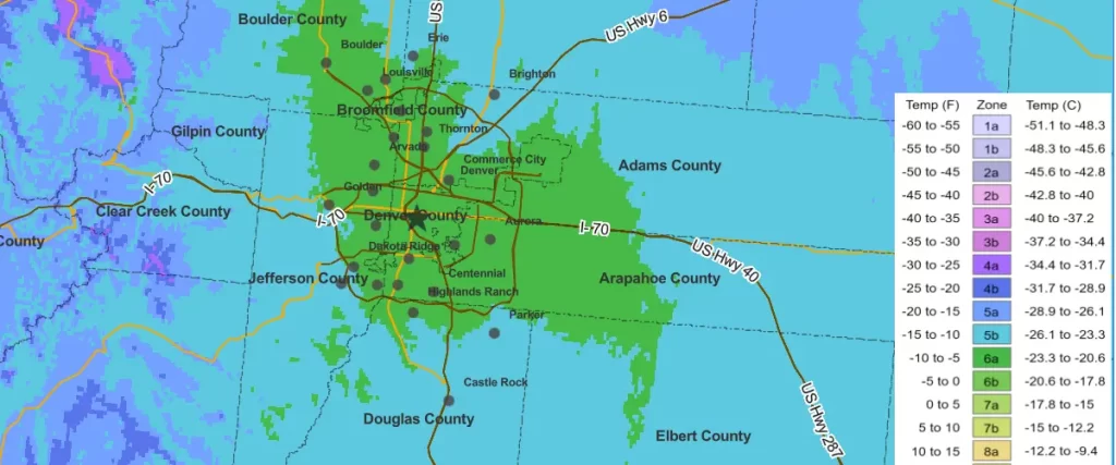 USDA planting zone map showing temperature ranges across the Front Range and Denver metro area in Colorado