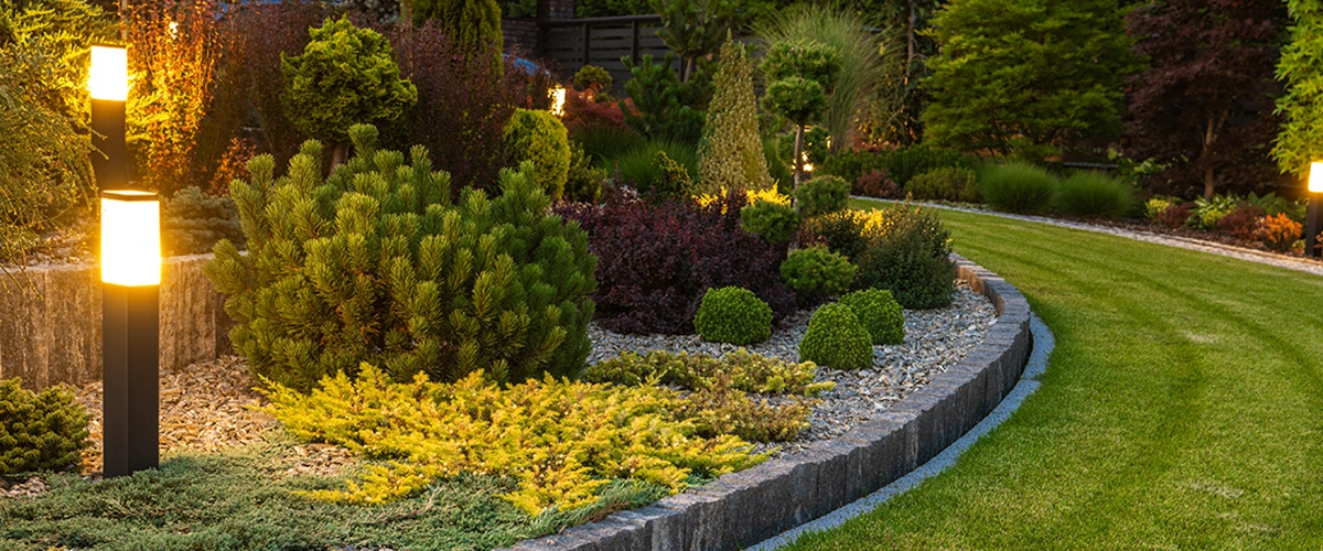 Outdoor garden lighting illuminating colorful shrubs and curved garden edging