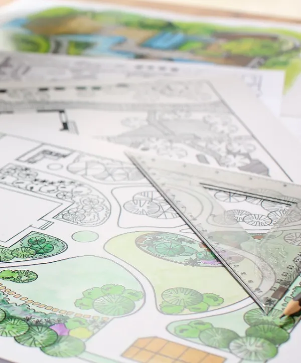 A hand-drawn garden design sketched on a piece of paper, featuring plants, pathways, and layout details.