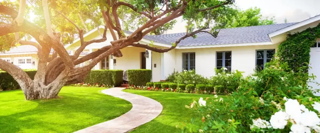 A charming home with a welcoming pathway leading to the front door, surrounded by lush greenery.