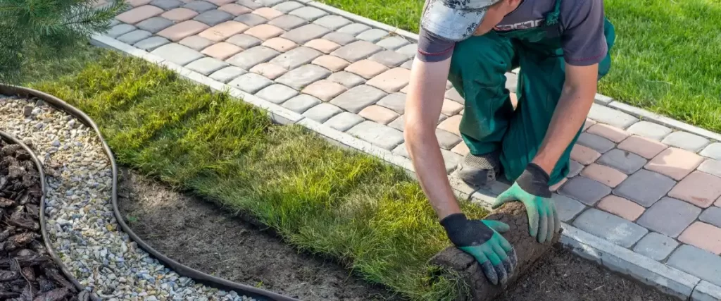 A man tends to a garden alongside a neatly laid brick path, surrounded by greenery and blooming plants.