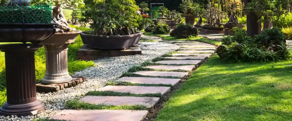 a beautifully landscaped garden with a winding stone pathway bordered by grass and gravel
