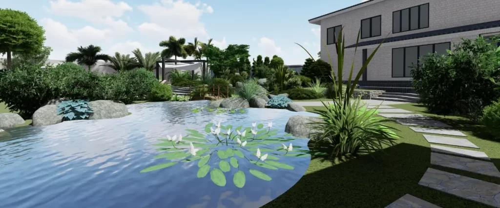 a 3D rendering or design plan of a residential landscape or garden