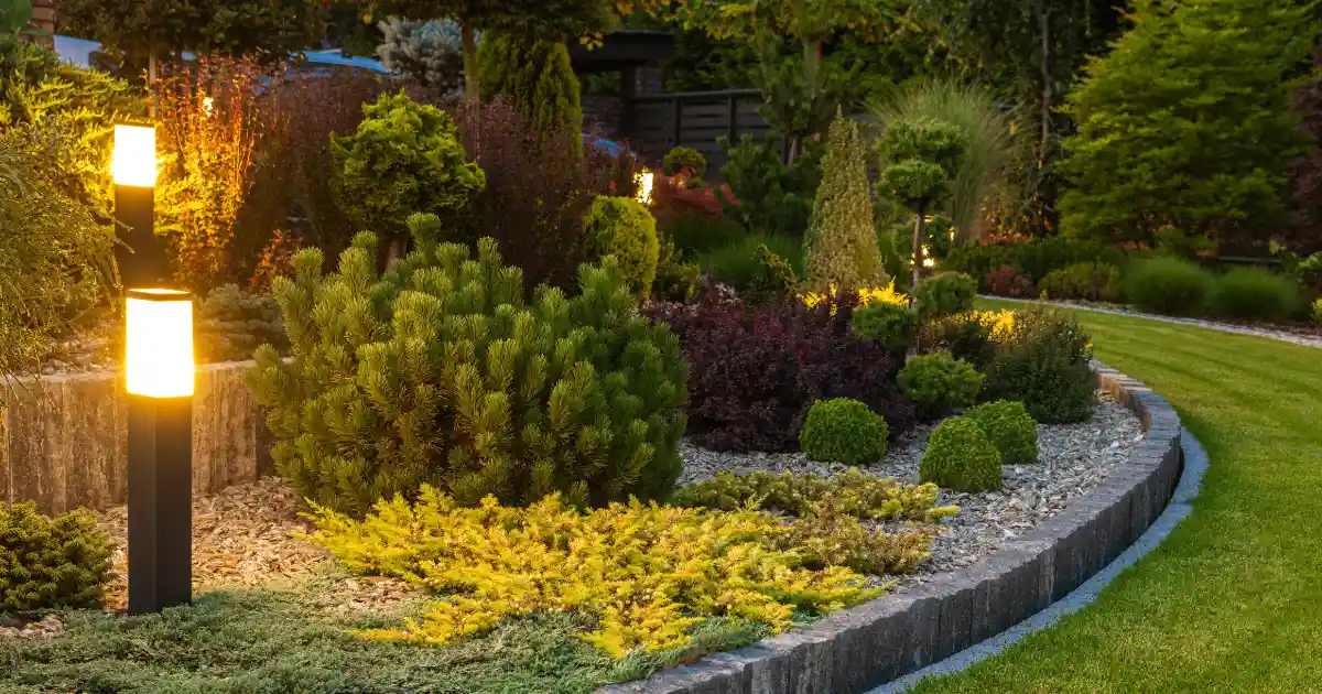 a beautifully landscaped garden featuring a modern LED outdoor lighting system