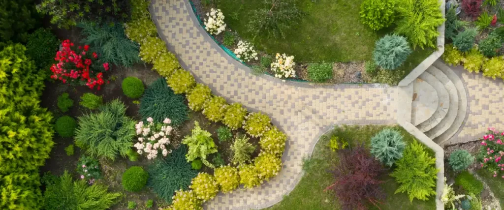an aerial view of a professionally landscaped garden