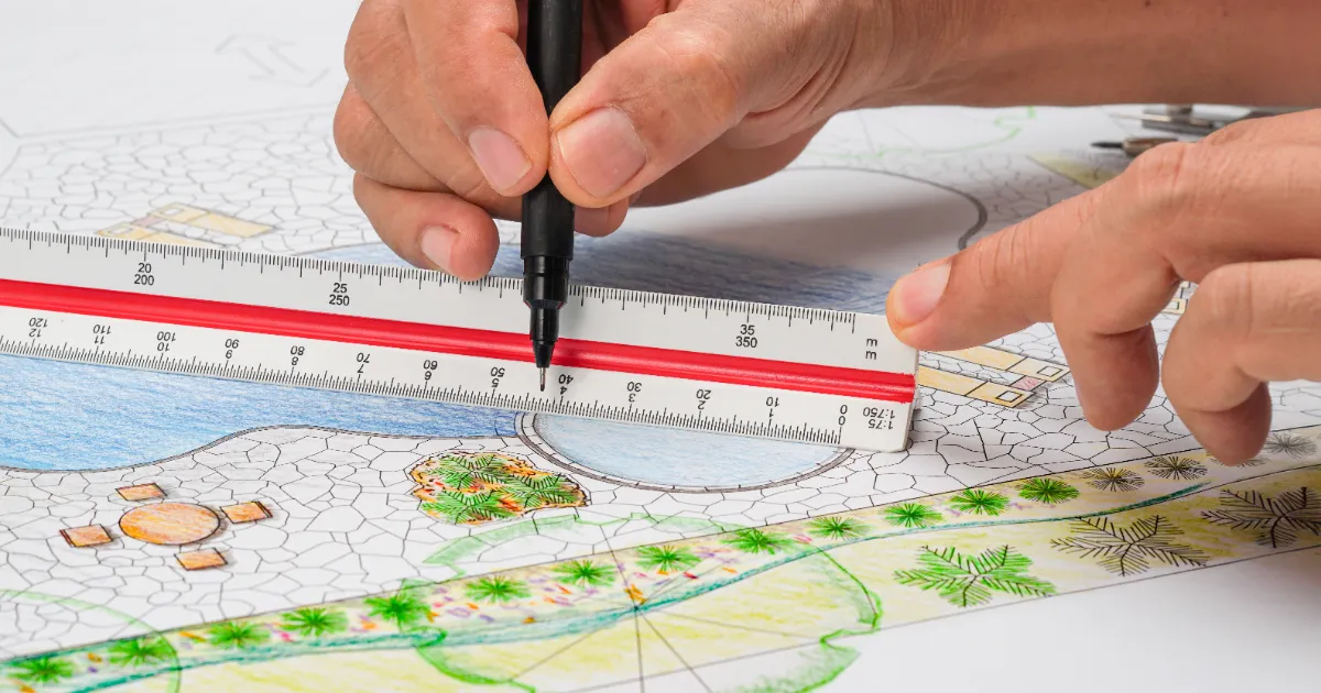 an individual using an architectural scale ruler and a technical pen to draw a landscape design blueprint