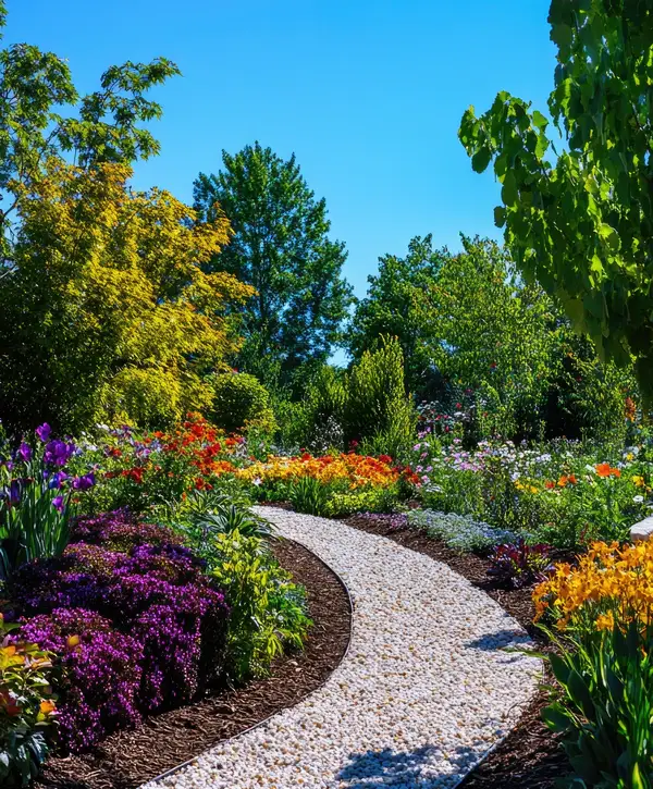 A winding white gravel path leads through a lush garden featuring purple salvia and vibrant summer flowers designed by landscape architect companies in Park Hill, Denver, CO.