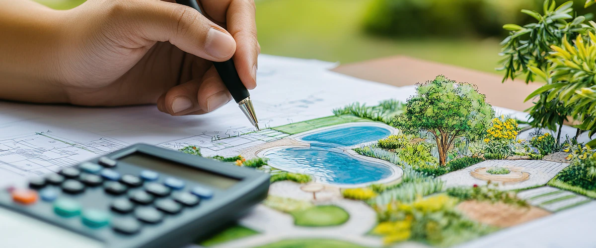 A close-up view of a designer's hand using a pen to draft a colorful landscape master plan featuring a swimming pool, lush trees, and garden zones next to a calculator.