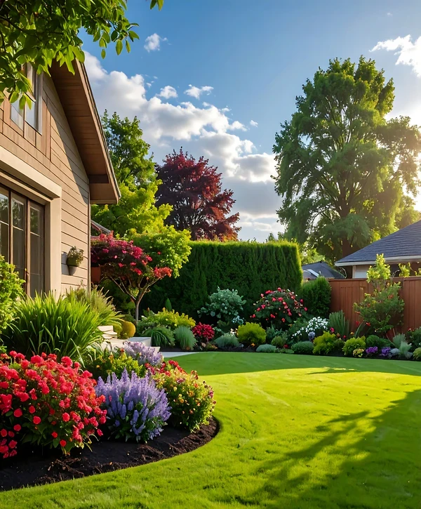 A lush residential backyard featuring vibrant flower beds and a manicured lawn designed by professional landscape architect companies in Wheat Ridge, CO.