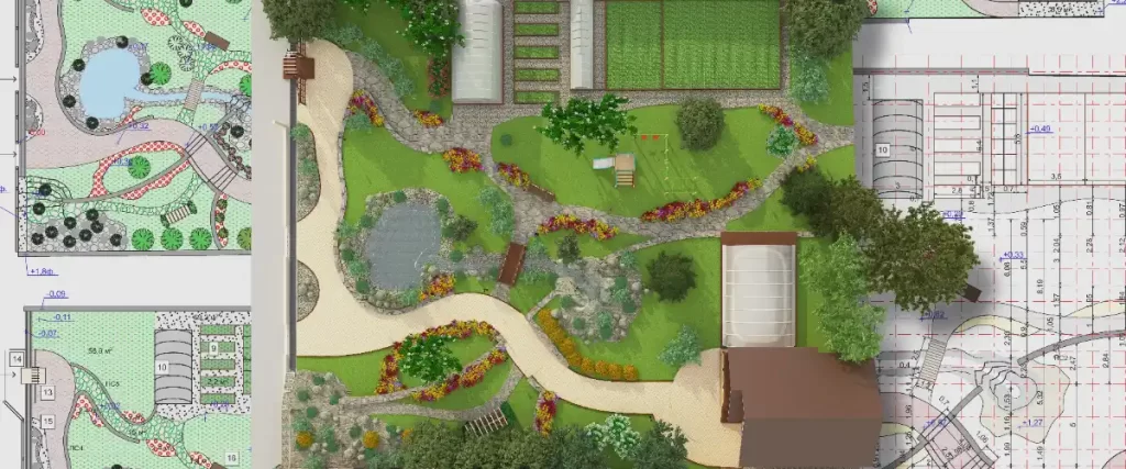 several professional landscape design plans, featuring both 2D blueprints with detailed measurements and a 3D rendered visualization of a finished garden space