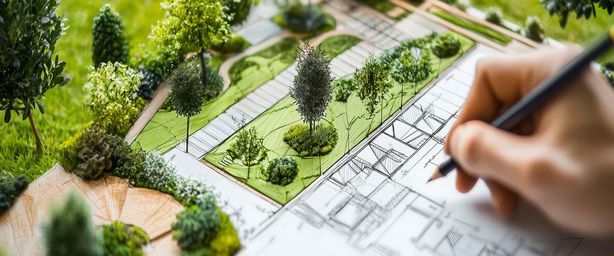 A close-up view of a designer's hand sketching a detailed green garden landscape over a technical architectural blueprint.