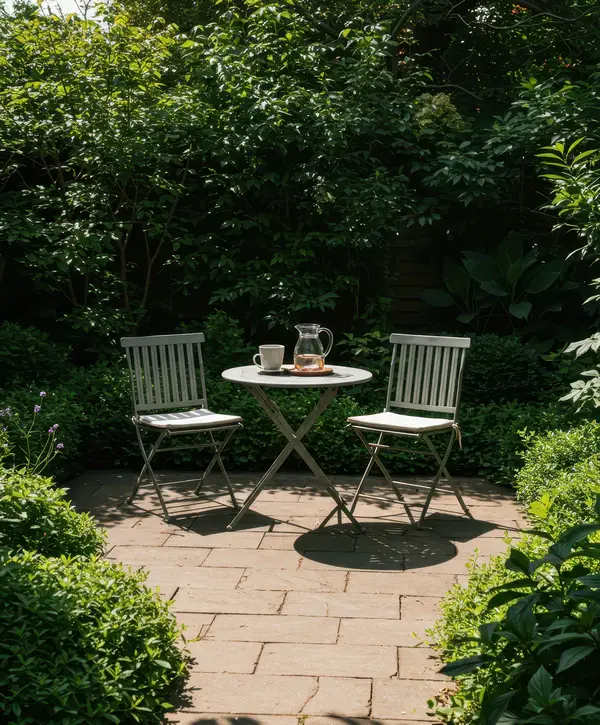 A small white bistro table and two chairs set on a paved patio in a lush green garden in Wheat Ridge, CO, featuring professional hardscaping.