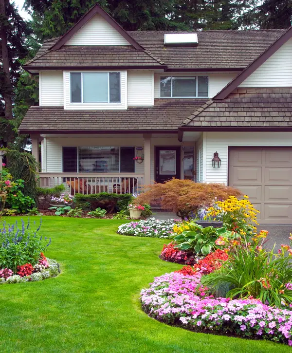 A vibrant residential front yard in Washington Park, Denver, CO, featuring curved flower beds with pink and purple petunias, yellow black-eyed Susans, and a manicured green lawn maintained by landscape architect companies.