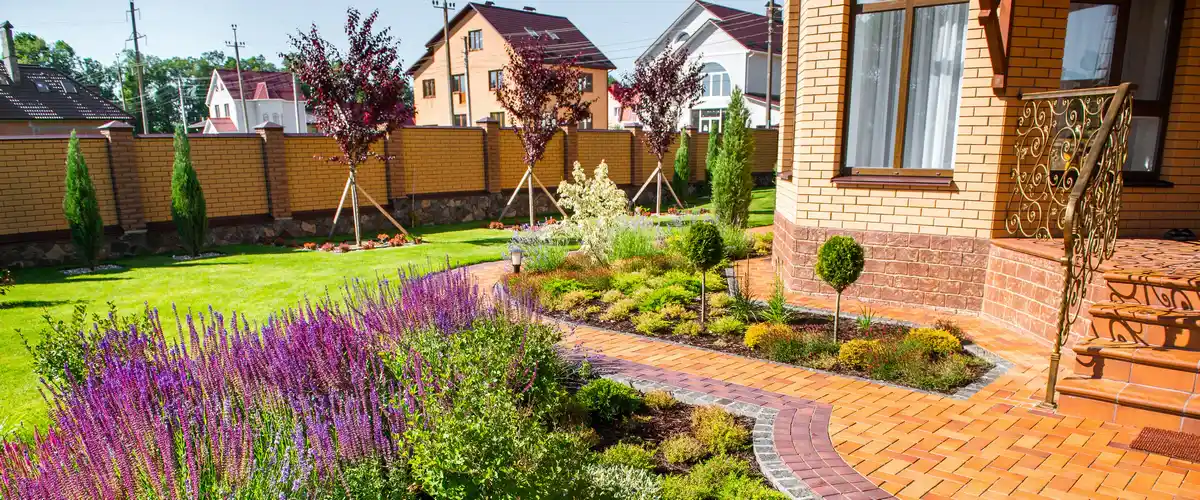 A beautifully designed residential landscape featuring a winding brick pathway, vibrant purple lavender plants, and a modern brick home with a decorative fence.