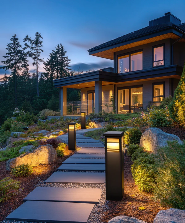 A luxury modern home in Hilltop, Denver featuring a stone walkway illuminated by sleek black bollard lights at dusk.