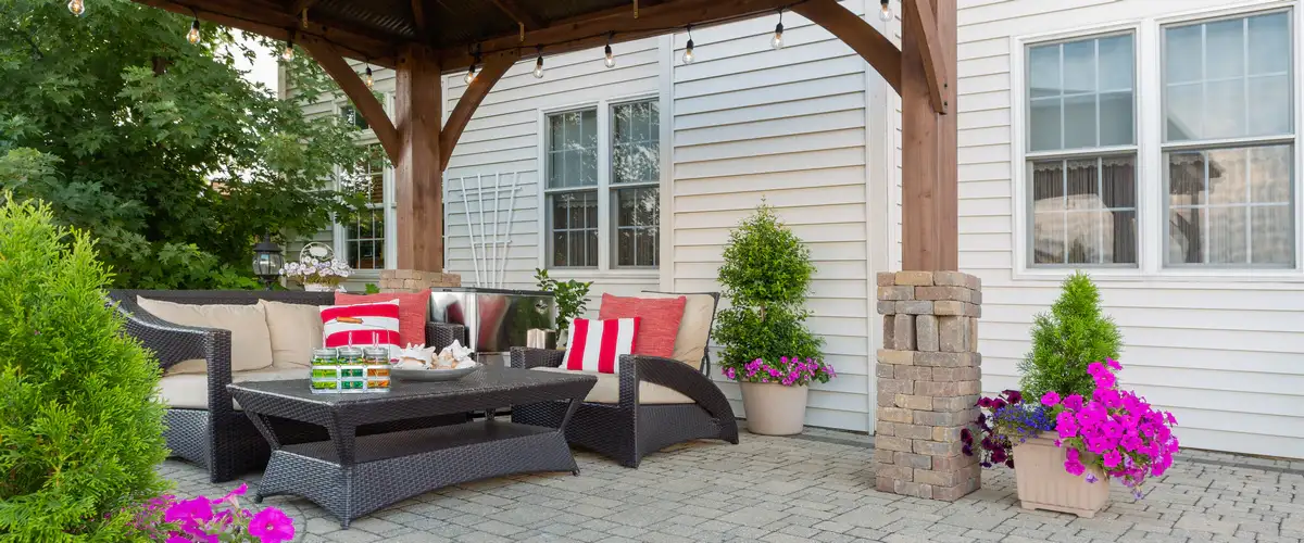 A close-up view of the high-quality textures and intricate patterns of a durable paver patio.